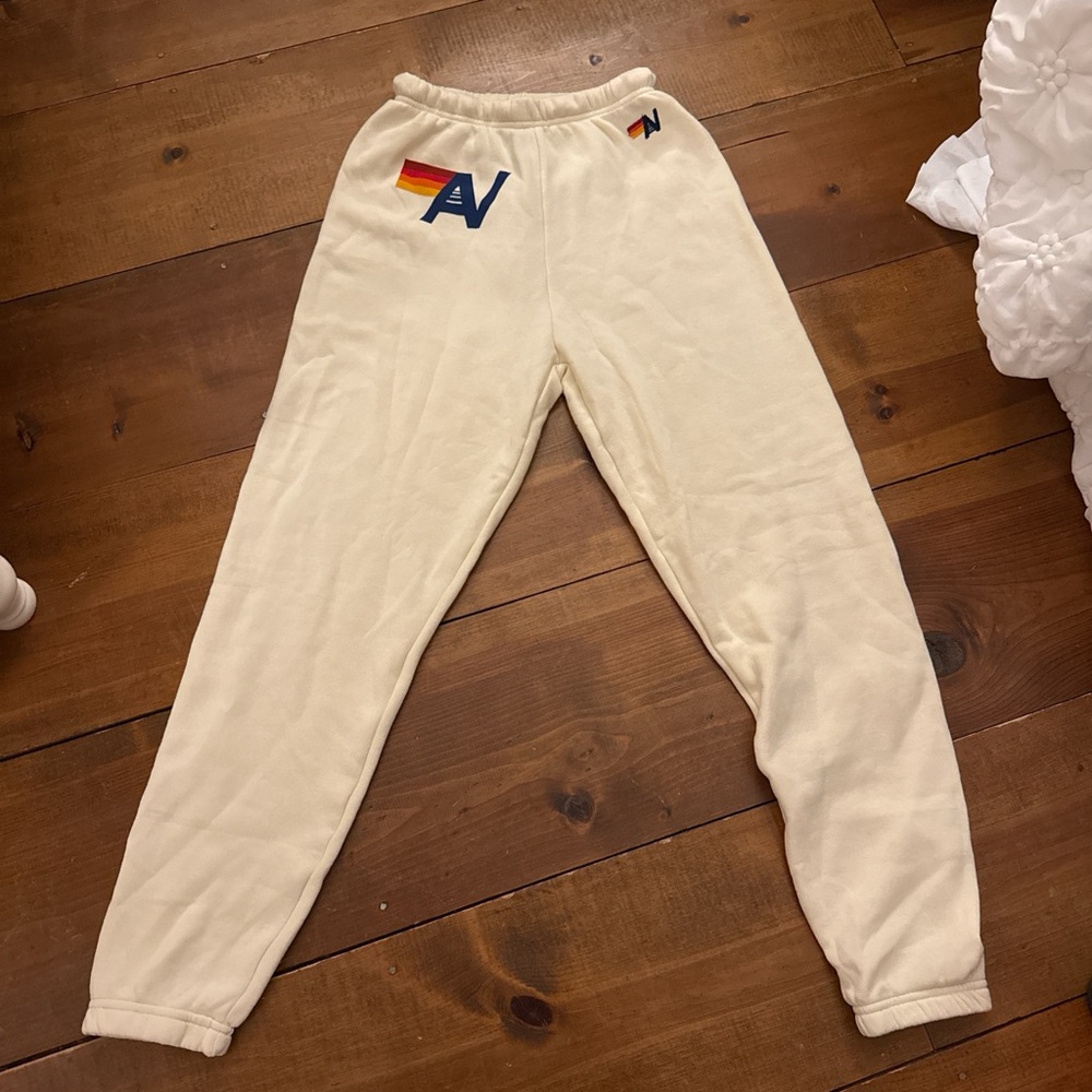 Aviator Nation Cream Joggers with Rainbow Detail